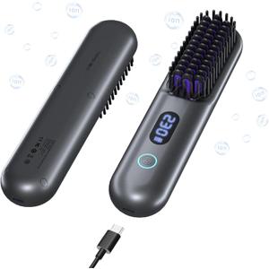 Cordless Hair Straightener Brush-Portable Straightening Comb, 9600mAh Batt, Plasma Tech, 9 Temp-Settings & LED Display, for Travel & Home (Grey)