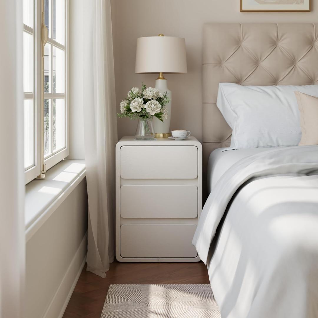 AQIMUELE Narrow Nightstand - Narrow Bedside Table with Drawers, Wood Small Nightstand with Leather Surface for Bedroom, White - 15.7" W