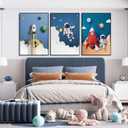 3 Pcs Space Nursery Canvas Wall Art Whimsical Outer Space Astronauts Rocket Kid Painting Pictures Wall Decor Poster Print Artwork for Boys Room Kids Room Decoration Unframed