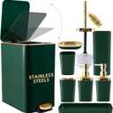 XLHOMO Bathroom Set Bathroom Accessories Set 8 Piece Green and Gold Bathroom Set, Bathroom Sets with Stainless Steel Trash Can,Toilet Brush,Toothbrush Set,Soap Dispenser