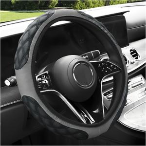 povtii Car Steering Wheel Cover, 15 Inches Non-Slip Leather Car Steering Wheel Protector, Universal Steering Wheel Soft Cover Mats for Car Truck SUV, Interior Car Accessories (Gray)