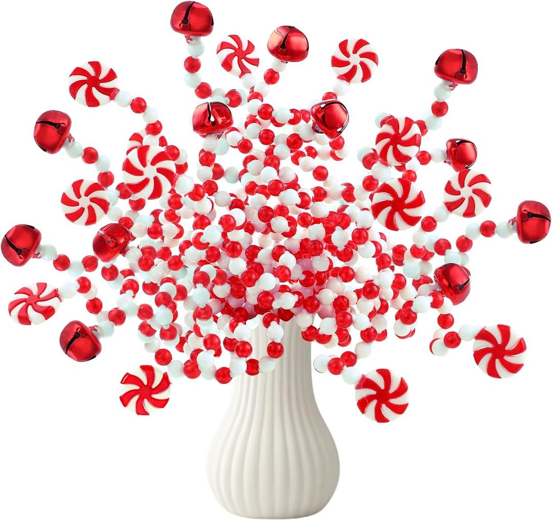 24 Pcs Christmas Curly Pick 2 Styles Red White Bells Candy Cane for Xmas Tree Topper Decor Christmas Curly Tree Pick for Vase Wreaths Home Party Ornaments