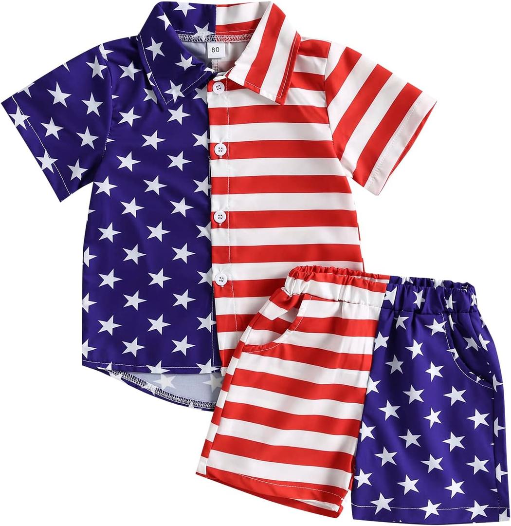 Kuriozud Toddler Baby Boy 4th July/Halloween/Christmas Outfits Button Down Shirt+ Short Pants Set Festivel Clothes (5-6 Years, 4th of July Outfits Classics Usa Flag)
