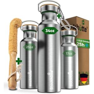 Blockhtte Vacuum Insulated Stainless Steel Water Bottle - 34 oz | Wide Mouth Insulated Metal Bottle for Cold Drinks | Perfect for Travel, School, Kids, Adults, Water Canteen, BPA-Free (Silver)