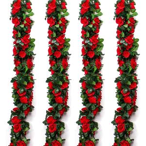 Musdoney 4Pcs 32.2 FT Fake Rose Vine Flowers Plants Artificial Flower Garland Hanging Rose Ivy Home Hotel Office Wedding Party Garden Craft Art Decor (Red)