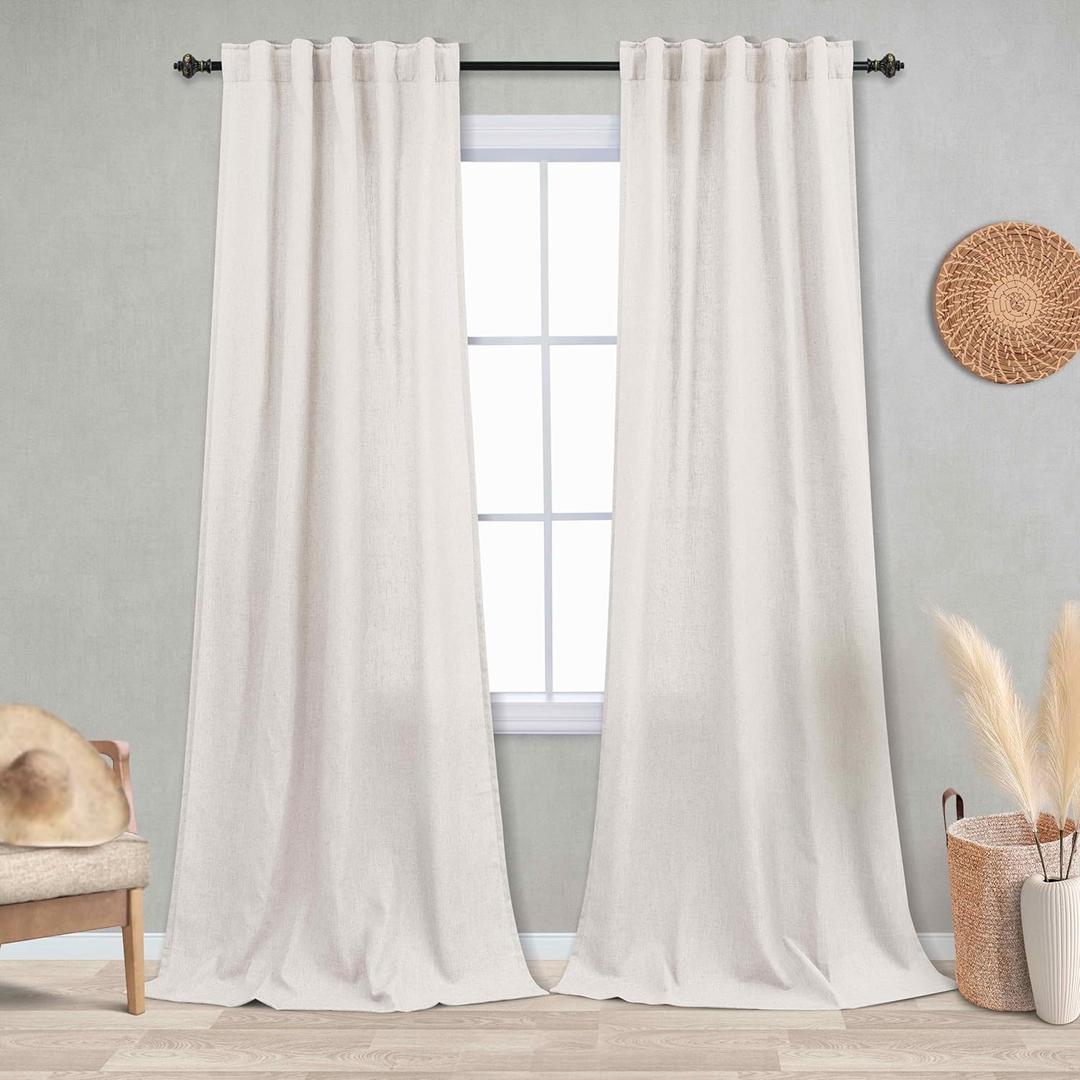 KOUFALL 2 Panel Set Linen Sheer Curtains 96 Inches Long for Sliding Glass Door Window Treatments Drapes Living Room,Off White Ivory Cream,8 FT 42x96 Length, Natural