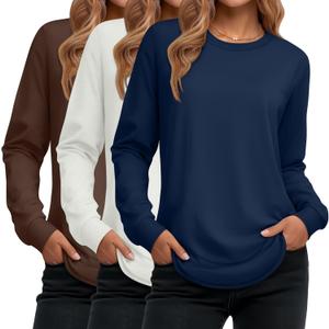 Ficerd 3 Pack Women's Long Sleeve Shirts, Cotton Crew Neck Tunic Tops Casual Loose Fit Pullover Sweatshirts Curved Hem Shirts (Medium, Red Brown, Warm White, Navy Blue)