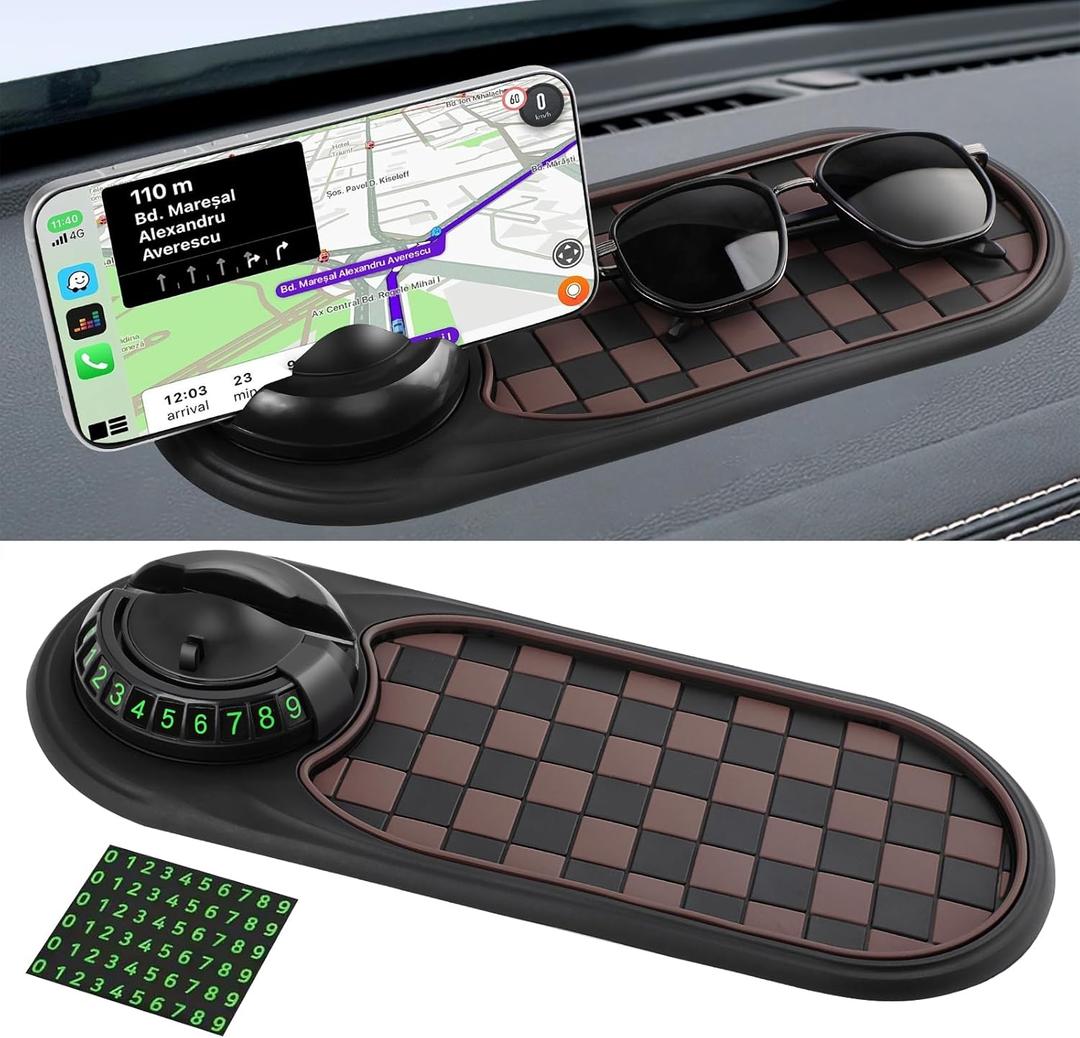 Multifunction Car Anti-Slip Mat Auto Phone Holder, Car Anti Slip Mat Phone Holder, Rotatable Anti Skid Car Dashboard Pad with Temporary Parking Number,Large Pad for Sunglasses Keys (Brown-Black)