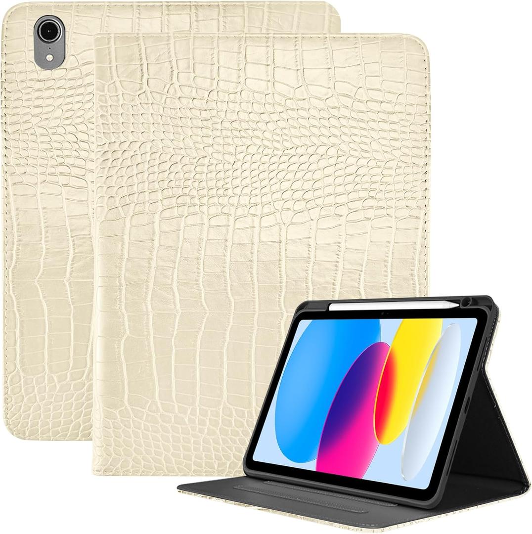Deokke Premium Leather Compatible with iPad (A16) 11th Generation 11 Inch Case 2025,iPad 10th Generation 10.9 Inch Case 2022,Pencil Holder Crocodile Auto Sleep/Wake Cover Women Girls-Creamy White
