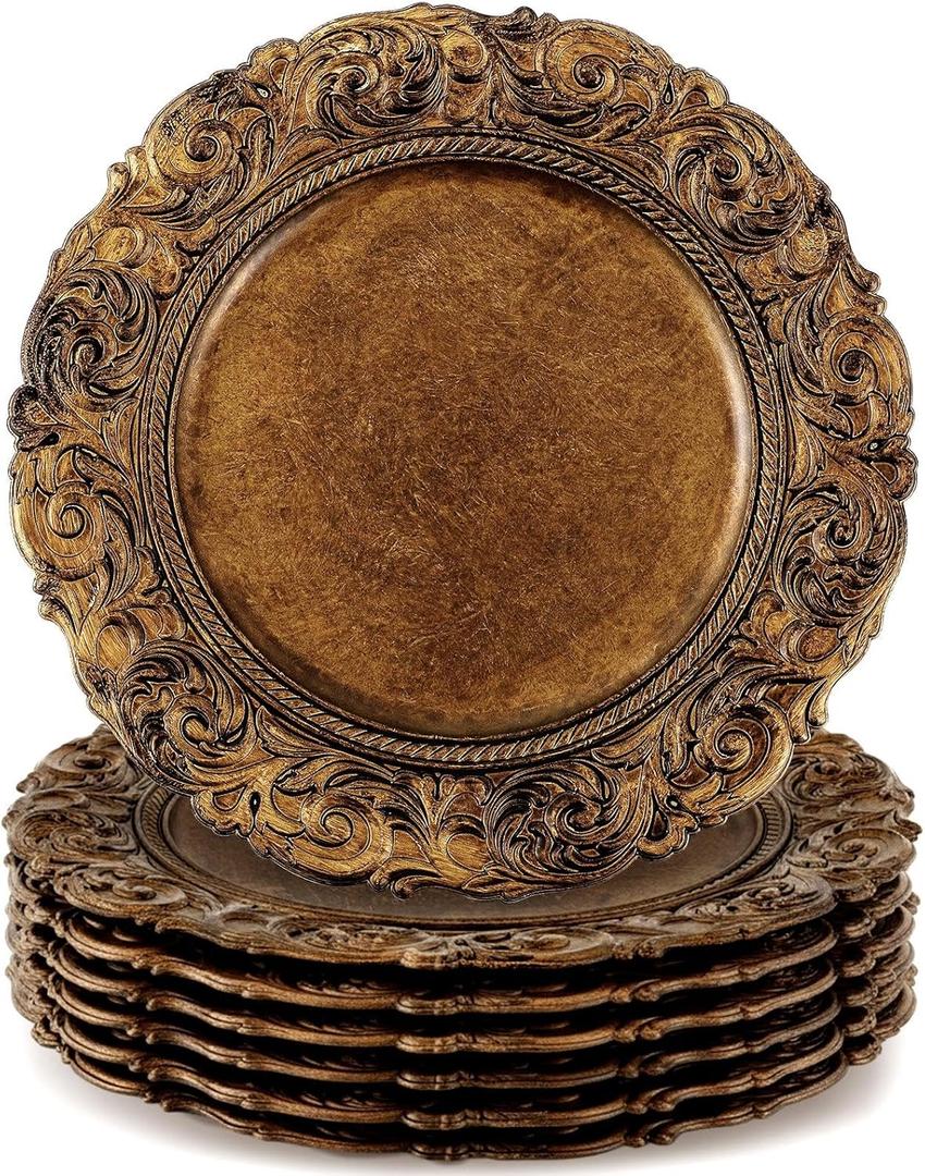 12 Pcs Antique Gold Charger Plates Bulk 13 Inch Embossed Rim Plastic Round Decorative Vintage Plates Charger for Dinner Wedding Party Event Table Setting Decoration 