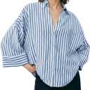 Womens Striped Button Down Shirts Lapel V Neck 3/4 Sleeve Casual Blouses Summer Loose Fit Tops, Size Small