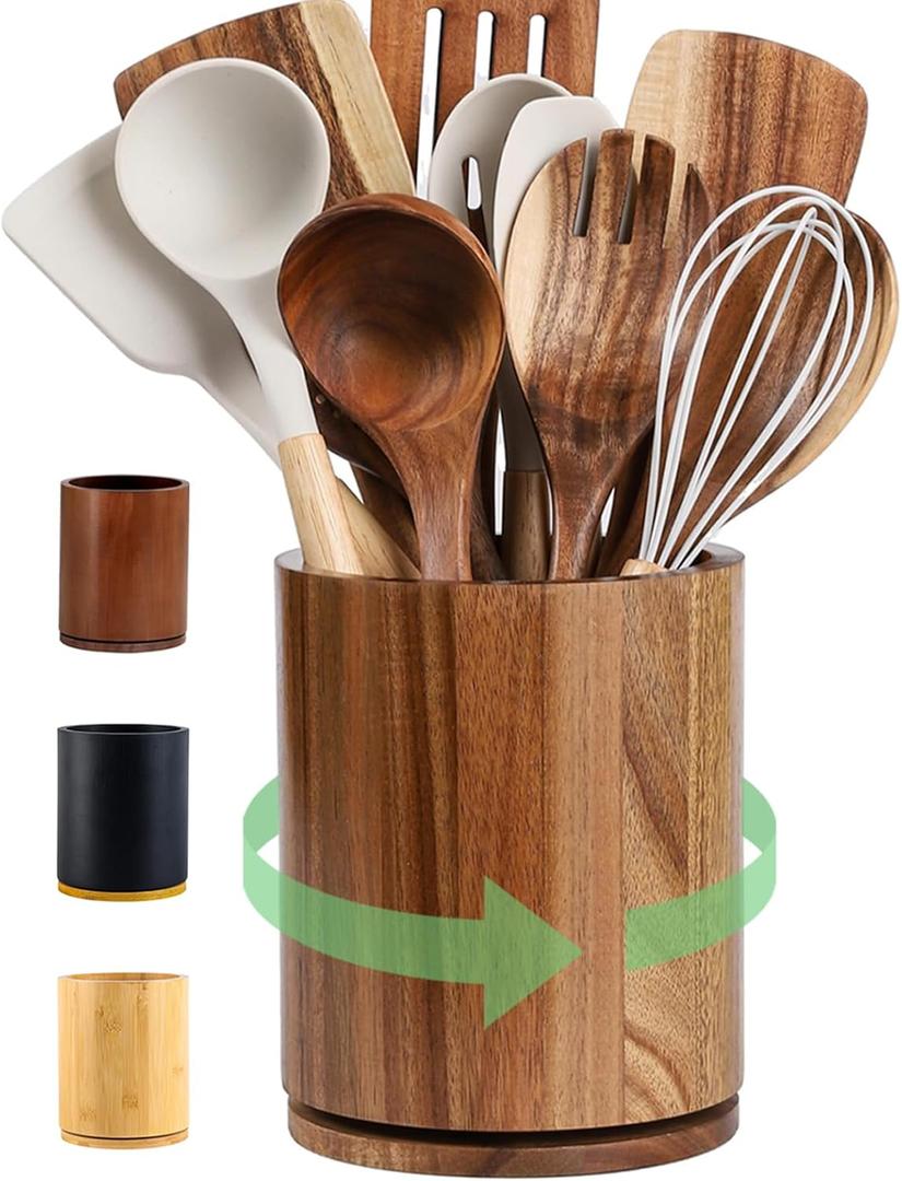Wooden Utensil Holder, 360Rotating 7.3'' Large Utensil Holder for Kitchen Counter, Kitchen Utensil Organizer, Utensil Crock, Farmhouse Kitchens Countertop Decor, Acacia Wood