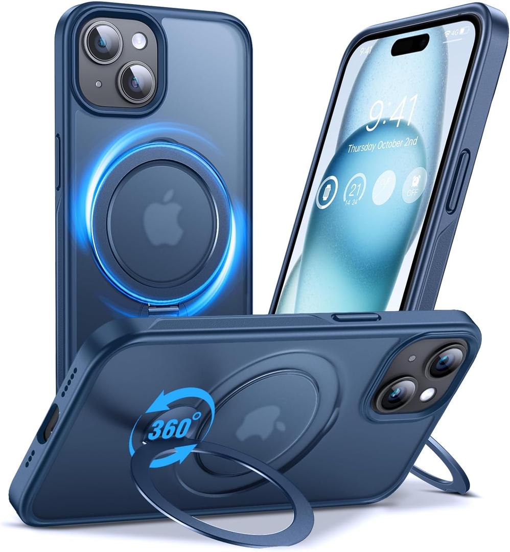 Anqrp 360 All-in-ONE Stand Case for iPhone 15 Case with Rotatable Magnetic Kickstand Ring Holder, Compatible with MagSafe, MIL-Grade Shockproof iPhone 15 Phone Case Cover 6.1" Blue