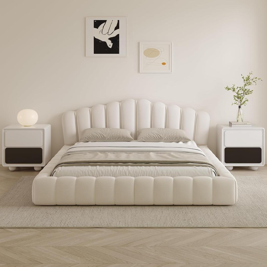 Merax Queen Size Floor Platform Bed Frame,Velvet Upholstered Bedframe with Shell-Shaped Headboard and Cushioning All Around Guards for Bedroom, No Box Spring Needed, Beige