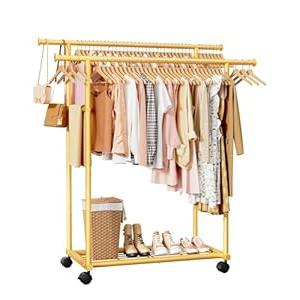 Sakugi Metal Clothes Rack - Double Rod Clothing Rack with Fixed Design and Rolling Wheels, Coat Rack with Built-In Shelf for Closet Organizers and Storage (38.5" x 16.9" x 59.0", Gold)