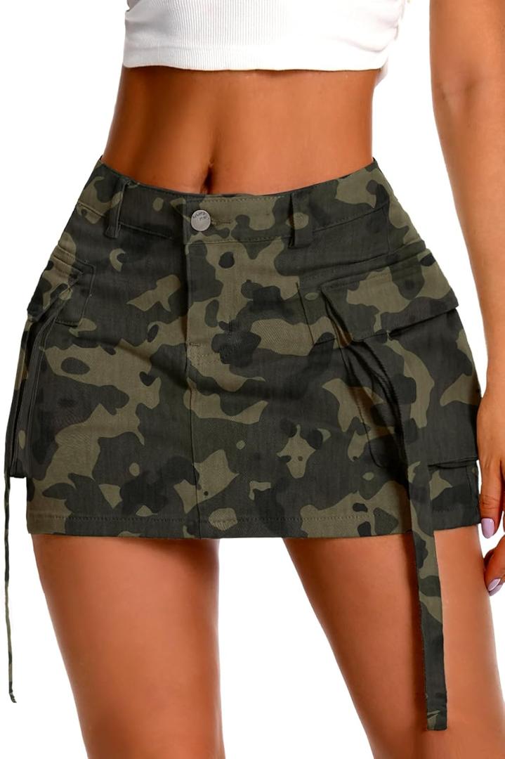 ELLEVEN High Stretch Denim Cargo Skirt for Women, Low Waist Y2k Mini Jean Skirt Cute Skirt with Pockets (X-Small, Camo)
