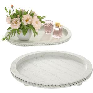 Urban Deco Wooden Tiered Tray, Oval and Round Tray Set of 2, Farmhouse Vintage Decorative Tray Stand for Coffee Table, White Serving Tray for Living Room Kitchen Home Decor - 1 Set