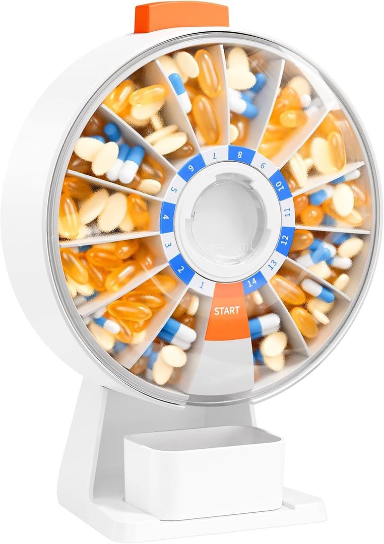 Daviky Pill Dispenser Daily, Large Pill Organizer with Wall-Mounted or Standing Use, 14 Days Pill Box, Push Button Design, Weekly Pill Organizer for Vitamin, Medicine.Supplement, Fish Oil (White)