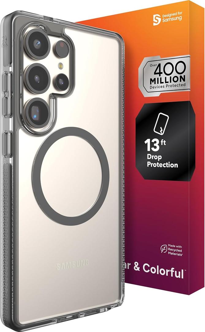 ZAGG Santa Cruz Snap Samsung Galaxy S25 Ultra Case - Slim, 13ft Drop Protection, Fast Wireless Charging Compatible, Graphene Strength, 70% Recycled Material, Anti-Scratch, Secure Grip, Clear, Black