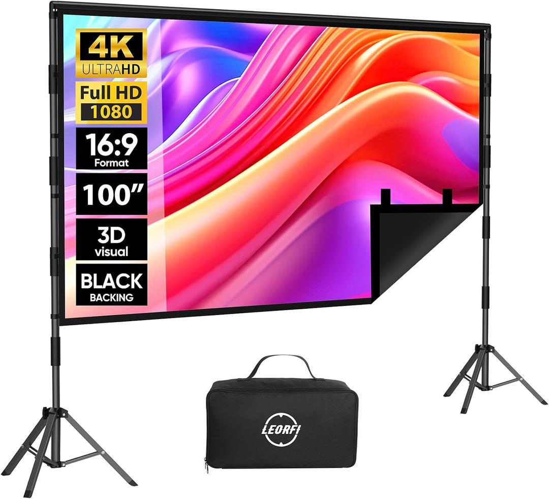 Outdoor Projector Screen with Stand - LEORFI 100 inch Black Backing Projection Screen - Upgraded Movie Screen 16:9 4K HD - Wrinkle-Free Lightweight Movie Screen with Carry Bag for Backyard Night