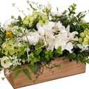 Spring Easter Centerpiece for Table, 18" L Lifelike Artificial Flowers in Rustic Whitewashed Rectangular Wood Box, Lush Spring Faux Floral Arrangement Farmhouse Mantel Shelf Kitchen Island Decor