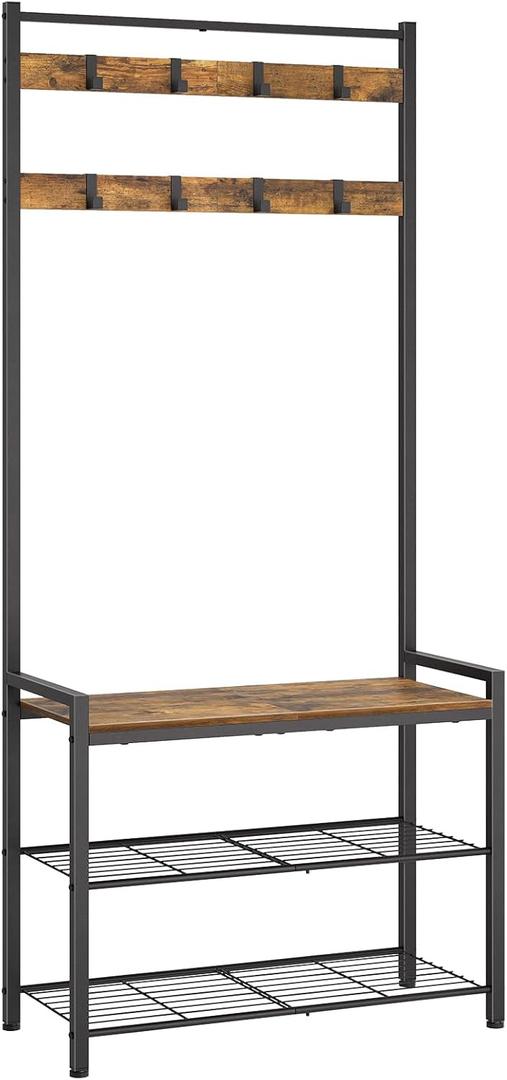 YATINEY Hall Tree, Coat and Shoe Rack, Entryway Coat Rack with 4 Tier Wooden Shoe Rack and 10 Hooks, Freestanding Hall Tree with Shoe Storage for Entryway, Hallway, Rustic Brown and Black MT09BR