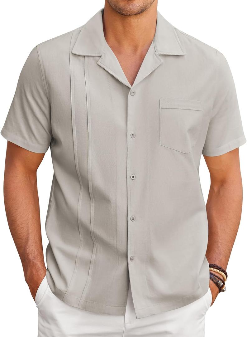 COOFANDY Mens Cuban Guayabera Shirt Short Sleeve Button Down Shirts Casual Summer Linen Shirts (Small, Light Grey)