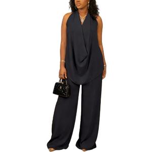Vssjavun Women's Summer 2 Piece Outfits Cowl Neck Sleeveless Halter Tops and Wide Leg Pants Vacation Beach Matching Sets 2026 (Black, L)