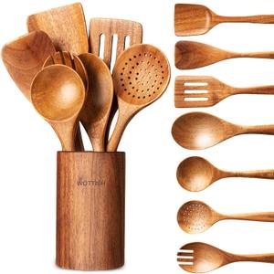 Wooden Spoons for Cooking - 8-Piece Wooden Kitchen Utensil Set made of Natural Solid Wood Material-Includes Spoons,Spatulas,Ladles,Mixing Spoon and Utensil Holder,Valentine's Day Gifts