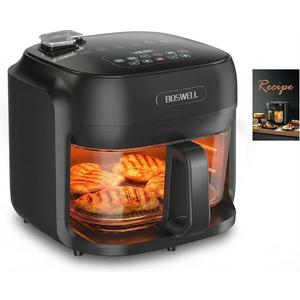 Boswell Glass Air Fryer 7.5QT, Transparent Glass Bowl, Black | Clear Glass Bowl Air Fryer, Hot Air Circulation, Digital Touch Panel, Roast Bake for Fries, Chicken More Recipes