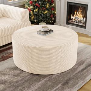 BSHOMGI Round Ottoman,Corduroy Ottomans Foot Stool, 27.5" Pouf Footstool Ottomans Seat, Round Footrest, Modern Side Table for Living Room Bedroom Home Decor No Assembly Require (Beige, 32")