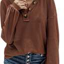 BTFBM Women Long Sleeve Shirts Spring Fall 2025 V Neck Loose Casual Blouse Deco Button Lightweight Waffle Knit Pullover (Large, Brown)
