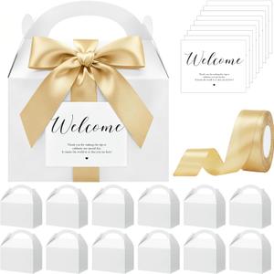 Maitys 24 Set Welcome Gable Boxes with Ribbon and Label 9x6x6'' Wedding Gift for Guests Large Paper Welcome Boxes for Wedding Bridal Baby Shower Party Favors (Gold)