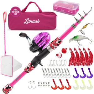Kids Fishing Pole, Kids Portable Telescopic Fishing Rod Set, Tackle Box and Fishing Net Combo Kit, Kids Fishing Gear for Boys and Girls Age 5-10 and Youth (Pink)