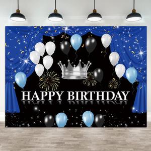 7x5ft Happy Birthday Backdrop Black White Balloon Theme Photography Background Glitter Blue Curtain Crown Fireworks Boys Kids Birthdays Party Banner Decorations Men Parties Photo Booth Prop (Color 1)