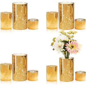 CHILL RECIPE Gold Cylinder Vases Glass Candle Holders Bulk, Mercury Hurricane Candle Holder Small Flower Vases for Centerpieces Tea Light Pillar Votive Candles Wedding Decor Party (4 Set 12Pcs)
