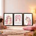 Cute Pink Unicorn Girl Quote Framed Wall Art Set of 3, Lovely Pastel Purple Rainbow Saying Sign for Baby Kid Toddlers, Cozy Watercolor Wooden Preschool Inspirational Flower Nursery Wall Decor Black