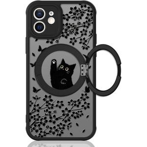 Cute Case for iPhone 12 Case with Stand [ Compatible with MagSafe ] Kawaii Black Cat & Floral & Butterflies Pattern Design 360 Magnetic Ring Kickstand Phone Cover for Women Girls Boys