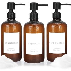 Shower Soap Dispenser Set of 3 Plastic 21oz Shampoo and Conditioner Bottles with Pump and Labels Bathroom Soap Dispenser Set Easy to Refill Body Wash for Bathroom Decor (Brown)