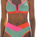 HYTENSUN Women's High Waisted Colorblock V Cut Bikini Ribbed V-Wired High Cut Cami Two Pieces Swimsuit