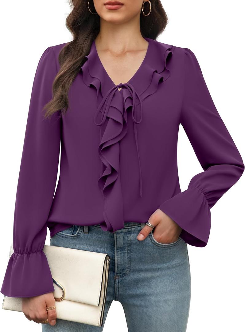 Funlingo Womens Blouses Dressy Casual Long Sleeve Ruffle Chiffon Top Ladies Spring Trendy Work Shirts 2026 (X-Large, Deep Violet)