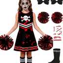 Cheerleader Dress Costume For Girl Full Set Dress Halloween Accessories (6-7T, Black Red)