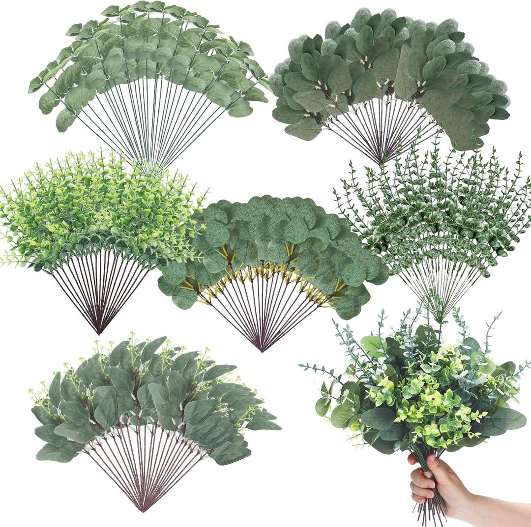 Ceenna 300 Pcs 6 Kinds Mixed Eucalyptus Leaves Stems Bulk Artificial Eucalyptus Leaves Sprays Silver Dollar Faux Greenery Picks Bundle for Wedding Vase Floral Arrangement Decor