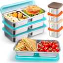 8PCS Stainless Steel Snack Containers  Double Compartment Lunch Boxes + 4Small Sauce Cups | 304 Food-Grade | Reusable, Stackable & Dishwasher Safe | Leak-Resistant Lids for Travel, Kids Lunches