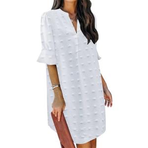 QACOHU Summer Dresses for Women V Neck Ruffle Short Sleeve Casual Shift Dress (Medium, D3-swiss Dot White)