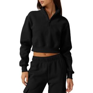 QINSEN Womens Half Zip Crop Sweatshirt High Neck Long Sleeve Pullover Cropped Top (Large, Black)