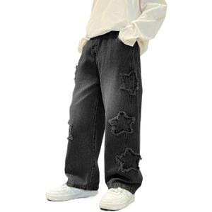 Boy's Pull On Jeans Cute Star Baggy Denim Pants Elastic Waist Straight Wide Leg Jeans for Teen Boys (10, Black)