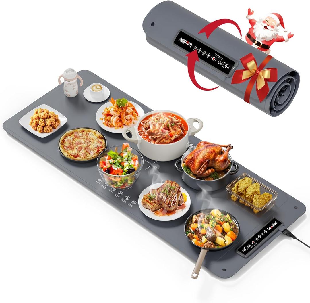 Extra Large Food Warming Mat for Countertop (XXL 36x16) - Full-Surface Heating Pad with 4 Temps Settings, Ideal for Buffet Party Food Warmer, Roll-Up Electric Warming Tray for All Gatherings, Gray