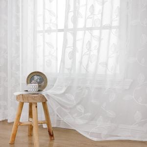 YoungsTex Leaf Linen Sheer Curtains 63 Inches Length for Living Room, Rod Pocket White Lace Drapes Light Filtering Lightweight Boho Embroidered Window Teatments for Bedroom, 2 Panels, 52 X 63 Inch