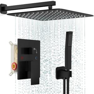 FPXRNG Black Shower Faucet Set, Rainfall Shower System with Square Shower Head and Handle Set, Wall Mounted Shower Fixtures, Full Metal Trim Repair Kit 16 inch Matte Black (With Shower Valve)
